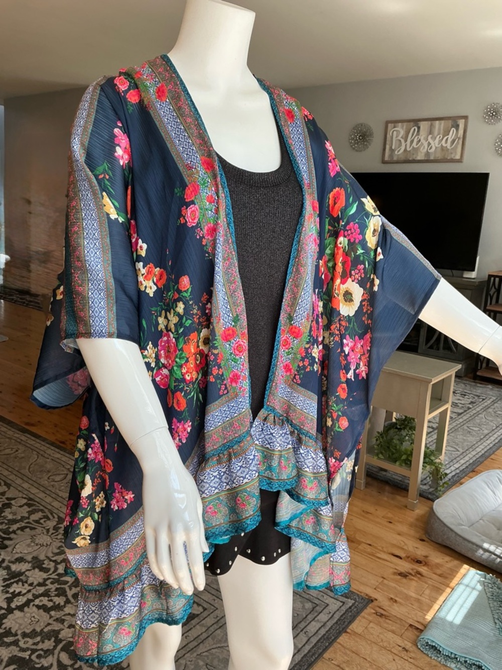 Umgee Fairy Draped Ruffle Trim Kimono Wrap Floral Hippie Relaxed Size M/L - Picture 11 of 13